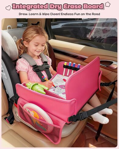 Leather Kids Travel Tray for Car - Car Seat Tray for Kids Travel, Road Trip Essentials, Carseat Table for Roadtrip Activities - Must Have Toddler Lap Desk Organizer for Airplane (Pink) in Saudi Arabia