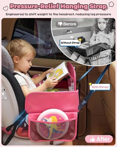Leather Kids Travel Tray for Car - Car Seat Tray for Kids Travel, Road Trip Essentials, Carseat Table for Roadtrip Activities - Must Have Toddler Lap Desk Organizer for Airplane (Pink) in Saudi Arabia