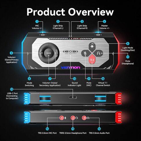 VENTION 7.1 Gaming DAC External USB Sound Card, 7.1 Virtual Surround Sound Blaster, 24bit/192KHz, RGB Light System, Gaming Audio Amplifier Compatible with PS5, PS4, Xbox, Nintendo Switch, PC, Headset in Saudi Arabia