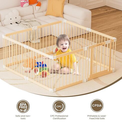 Wooden Baby Gate Playpen - Foldable Play Pen for Infants & Toddlers | Portable & Sturdy Wood Baby Gate with Lock | 4-8-10 Panels Expandable & Adjustable Play Yard for kids | 23.9 * 35.5IN (RXZ-WBP-10) in Saudi Arabia