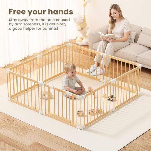 Wooden Baby Gate Playpen - Foldable Play Pen for Infants & Toddlers | Portable & Sturdy Wood Baby Gate with Lock | 4-8-10 Panels Expandable & Adjustable Play Yard for kids | 23.9 * 35.5IN (RXZ-WBP-10) in Saudi Arabia