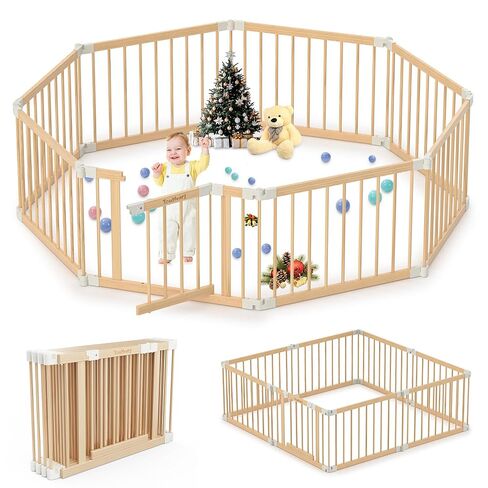 Wooden Baby Gate Playpen - Foldable Play Pen for Infants & Toddlers | Portable & Sturdy Wood Baby Gate with Lock | 4-8-10 Panels Expandable & Adjustable Play Yard for kids | 23.9 * 35.5IN (RXZ-WBP-10) in Saudi Arabia