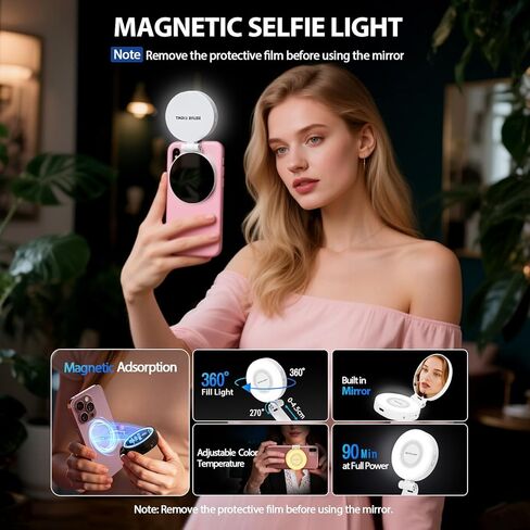 Magnetic Selfie Light for MagSafe iPhone: 3 Light Modes, Rechargeable 360° Rotatable LED Phone Ring Fill Light with Mirror for Photography, Makeup, TikTok, Zoom, Video Conference, White in Saudi Arabia