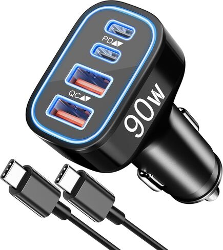 لـ iPhone 17 16 15 ، شاحن سيارة سريع ، 90W 4-Port USB C ، محول شاحن السيارات ، ولاعة السجائر ، وكابل USB-C 3ft لـ iPhone 17/AIR/17 PRO/17 PRO MAX/16/15 Pro Max/Plus/16E ، iPad ، Airpods Pro 3 in Kuwait