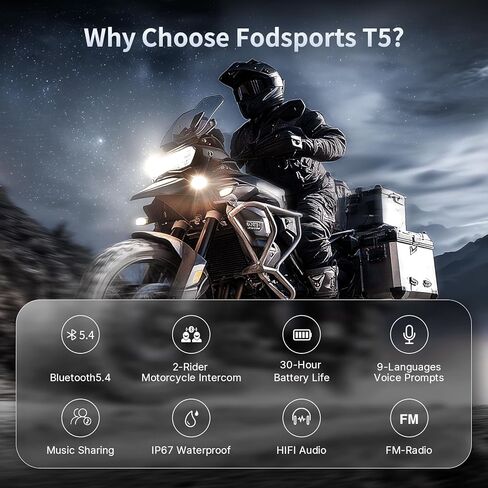 Fodsports T5 Motorcycle Helmet Bluetooth V5.4, 2-Way Helmet Intercom Communication Systems with Music Sharing, 9-Language Voice Prompts/Voice Assistant/FM Radio/2 Type Mics/4 Colored Faceplates in Saudi Arabia