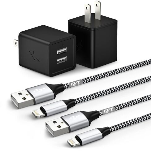 [معتمد من Apple MFi] شاحن iPhone، محول حائط USB مزدوج المنفذ i Phone Charger Block 2.1A 2Pack 6FT Fast Nylon مضفر مزامنة البيانات Apple Fast Charging Cord for iPhone 14/13/12/11/SE2022/8/7/XS/XR/X/iPad in Kuwait