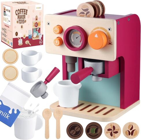 GAGAKU Wooden Coffee Machine Toy for Kids, Pretend Play Espresso Maker Set with Accessories for Play Kitchen, Learning Wooden Toys for Hand-Eye Coordination & Social Skills in Saudi Arabia