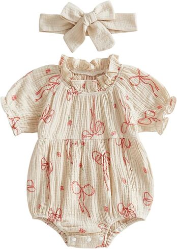 Twopumpkin Newborn Infant Baby Girl Summer Clothes Bow Floral Bubble Romper Frilly Onesie Cute Toddler Outfits For Girls in Saudi Arabia
