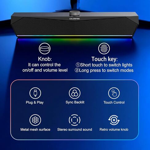 مكبرات صوت شاشة ColorFire، ومكبرات صوت الكمبيوتر، ومكبرات صوت الكمبيوتر الشخصي للشاشة، وأضواء RGB التي تعمل باللمس، وشريط صوت الكمبيوتر لجهاز PCUSB-C/A مدخل 3.5 مم، التوصيل والتشغيل، صوت واضح لأجهزة الكمبيوتر المحمول المكتبية، التلفزيون الذكي (أسود) in Saudi Arabia