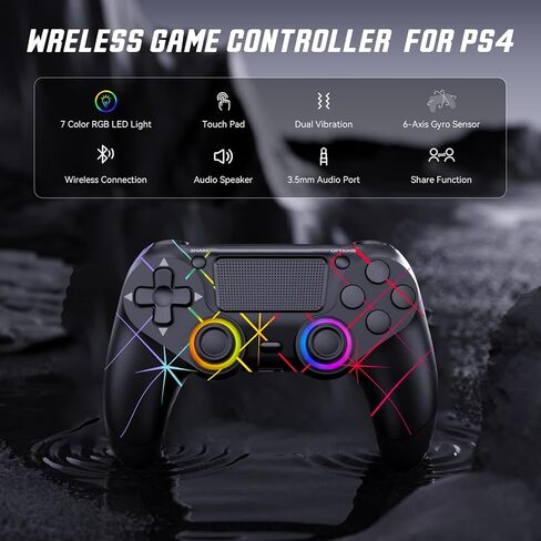GamingBoy 2 Pack Wireless Controller for PS4, Light-up RGB Remote Control for Ps4/PC with Hall Effect Joystick/1000mAh Battery/Type-C/Dual Vibration/6-Axis Gyro/Audio Jack/Touch Pad（White+Black） in Saudi Arabia