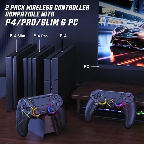 GamingBoy 2 Pack Wireless Controller for PS4, Light-up RGB Remote Control for Ps4/PC with Hall Effect Joystick/1000mAh Battery/Type-C/Dual Vibration/6-Axis Gyro/Audio Jack/Touch Pad（White+Black） in Saudi Arabia