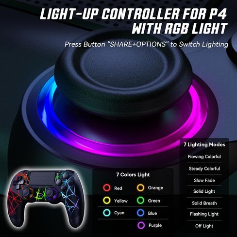 GamingBoy 2 Pack Wireless Controller for PS4, Light-up RGB Remote Control for Ps4/PC with Hall Effect Joystick/1000mAh Battery/Type-C/Dual Vibration/6-Axis Gyro/Audio Jack/Touch Pad（White+Black） in Saudi Arabia