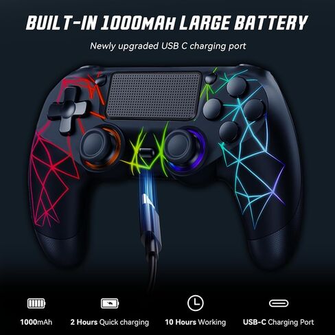 GamingBoy 2 Pack Wireless Controller for PS4, Light-up RGB Remote Control for Ps4/PC with Hall Effect Joystick/1000mAh Battery/Type-C/Dual Vibration/6-Axis Gyro/Audio Jack/Touch Pad（White+Black） in Saudi Arabia