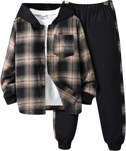 Boys Two Piece Outfit Clothes Plaid Front Button Down Hoodie Sweatshirt and Jogger Sweatpants Sets in Saudi Arabia