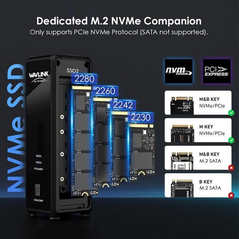 شبيه WAVLINK M.2 SSD، حاوية NVMe مزدوجة 40 جيجابت في الثانية لمحركات أقراص NVMe M-Key/B+M-Key SSD، حاوية M.2 SSD خالية من الأدوات لـ PCIe 2230/2242/2260/2280، تدعم الاستنساخ دون اتصال، تبريد نشط، ما يصل إلى 8 تيرابايت لكل محرك أقراص in Saudi Arabia