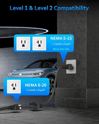 شاحن محمول من المستوى 1&2 - معتمد من ETL، 12/16 أمبير 110 فولت - 240 فولت مع كابل تمديد 25 قدم، قابس NEMA 6-20 ومحول NEMA 5-15، محطات شحن السيارات الكهربائية المحمولة لجميع سيارات SAE J1772 in Kuwait