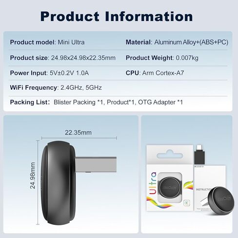 Carlinkit Mini Ultra Wireless CarPlay & Android Auto Converter، تحويل سلكي من المصنع إلى لاسلكي، اتصال سريع USB-A/USB-C لأجهزة iPhone وAndroid 11+، توصيل وتشغيل دونجل تشغيل السيارة، ترقية OTA in Saudi Arabia