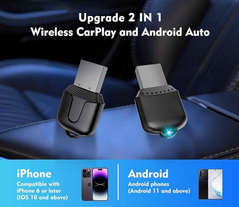 محول CarPlay اللاسلكي وAndroid Auto، تصميم USB A صغير ونوع C للسيارات المدمجة في CarPlay السلكية وAndroid Auto، وصلة تشغيل ثابتة لهاتف iPhone 6+ iOS 10+ Android11+ in Saudi Arabia