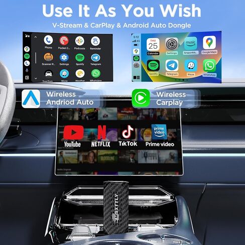 محول Mini 3in1 Stream CarPlay Android Auto اللاسلكي، يدعم Netflix/YouTube/TikTok/PrimeVideo Box، متوافق فقط مع Wired CarPlay Car Model 2017+، لنظام Android 11 وiPhone iOS 10+ in Kuwait
