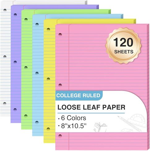 120 ورقة من الورق السائب مقاس 8 × 10.5، 6 ألوان مسطرة من الورق، ورق دفتر مثقوب بثلاث فتحات مقاس 8 × 10.5، ورق ربط ثلاثي الحلقات 20 ورقة/عبوة، ورق حشو ملون للمكتب والمدرسة والمنزل in Kuwait