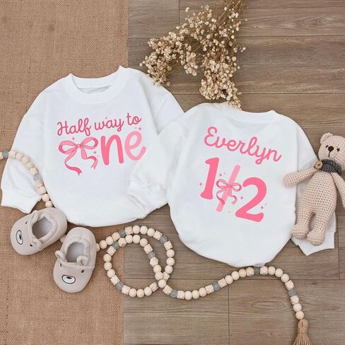 Custom Half Birthday Outfit Baby Girl, Personalized 1/2 Birthday Girl Outfit, Half Way to One Baby in Saudi Arabia