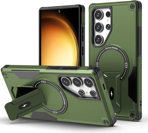 with Kickstand Holder Cell Phone Case for Samsung Galaxy S24 Ultra Support Magnet Dual Layer TPU Bumper Anti-Knock Cover Heavy Duty Protection,Horizontal and Vertical Standing,5 Colors (Green) in Saudi Arabia