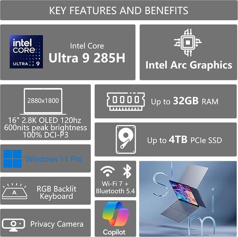ASUS Vivobook S16 Copilot+ AI PC Laptop | 16" 2.8k OLED 120Hz | Intel Core Ultra 9 285H | 32GB RAM 1TB SSD | RGB Backlit for Creator Designer Business Professional Win11 Pro w/DLCA Accessory in Saudi Arabia