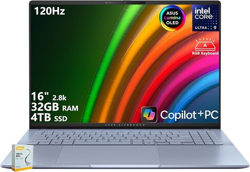 ASUS Vivobook S16 Copilot+ AI PC Laptop | 16" 2.8k OLED 120Hz | Intel Core Ultra 9 285H | 32GB RAM 1TB SSD | RGB Backlit for Creator Designer Business Professional Win11 Pro w/DLCA Accessory in Saudi Arabia