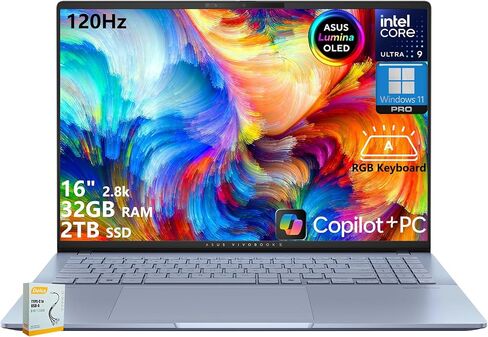 ASUS Vivobook S16 Copilot+ AI PC Laptop | 16" 2.8k OLED 120Hz | Intel Core Ultra 9 285H | 32GB RAM 1TB SSD | RGB Backlit for Creator Designer Business Professional Win11 Pro w/DLCA Accessory in Saudi Arabia