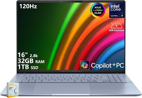 ASUS Vivobook S16 Copilot+ AI PC Laptop | 16" 2.8k OLED 120Hz | Intel Core Ultra 9 285H | 32GB RAM 1TB SSD | RGB Backlit for Creator Designer Business Professional Win11 Pro w/DLCA Accessory in Saudi Arabia