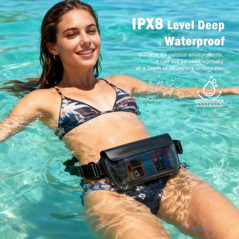 حقيبة خصر مقاومة للماء، حقيبة محفظة لجواز السفر، تصنيف IPX8 مقاوم للماء، حقيبة هاتف للاستخدام تحت الماء، حقيبة TUP جافة، مثالية للغوص والسباحة والتجديف (مجموعة من قطعتين باللون الأسود) in Kuwait