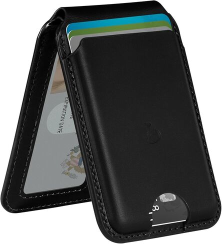 Belemay Strong Magnetic Wallet for MagSafe with Adjustable Stand, Full-Grain Vegetable-Tanned Leather Card Holder, Up to 5 Cards, RFID Blocking, for iPhone 17/16/15/14/13/12 Series Men & Women - Black in Saudi Arabia