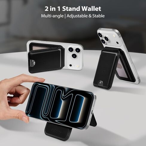 Belemay Strong Magnetic Wallet for MagSafe with Adjustable Stand, Full-Grain Vegetable-Tanned Leather Card Holder, Up to 5 Cards, RFID Blocking, for iPhone 17/16/15/14/13/12 Series Men & Women - Black in Saudi Arabia