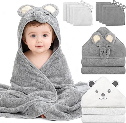 10 قطع مناشف حمام للأطفال، 2 قطعة مناشف ناعمة بغطاء للرأس و8 قطع مناشف - فائقة النعومة، فائقة الامتصاص، تصميم لطيف لحديثي الولادة والرضع والأطفال الصغار - مثالية للحمام والسباحة والعناية اليومية in Kuwait