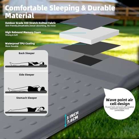 KASIMO Memory Sleeping Pad for Camping, 3" Compact Ultra-Thick Foam Sleeping Mats with Pillow, 9.5 R-Value Insulated Camping Mattress Pad or Car Travel Backpacking Tent,Home in Saudi Arabia