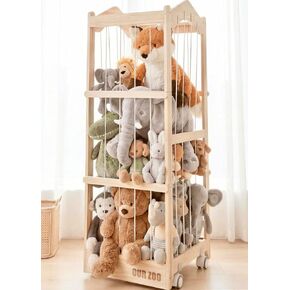 تخزين الحيوانات المحشوة - منظم حيوانات محشو خشبي بعجلات، حديقة حيوان كبيرة جدًا لتخزين الحيوانات، قفص برج تخزين بلاشيز لديكور غرفة الأطفال الصغار (16 × 17 × 48 بوصة) in Kuwait