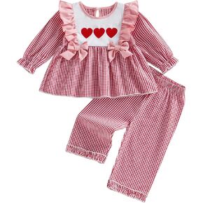 Toddler Girl Valentines Day Outfit Embroidery Ruffle Long Sleeve Tunic Dress Top Plaid Wide Leg Pants 2 Piece Clothes in Kuwait