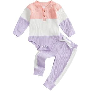 Baby Girl Fall Outfits Contrast Color Ribbed Stretchy Romper Long Pants Newborn Clothes Infant Set in Saudi Arabia