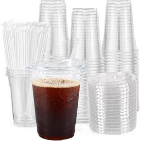 100 Sets - 24oz Plastic Cups with Lids and Straws, Disposable Cups for Iced Coffee, Smoothie, Milkshake, Cold Drinks - Clear 24 oz Plastic Cups with Straws in Saudi Arabia