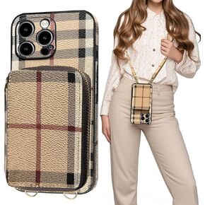 Compatible with iPhone 16 Pro Max Wallet Case with Card Holder, Luxury Classic Leather Zipper Crossbody Lanyard Flip Cash Phone Purse Cover for Women 5G 6.9 Inch Khaki in Saudi Arabia