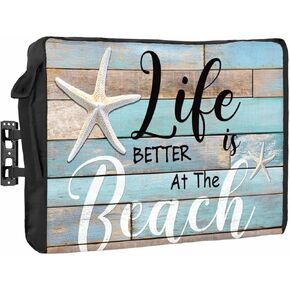 غطاء تلفزيون خارجي مقاس 55 بوصة، غلاف تلفزيون من الخشب المخضر المحبب، حياة نجم البحر أفضل على الشاطئ، أغطية تلفزيون للشاشة الخارجية مع جيب للتحكم عن بعد، ديكور منزلي in Kuwait