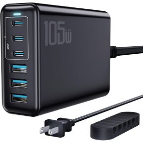 شاحن سريع USB C بقوة 105 وات، محور محطة شحن USB GaN لسطح المكتب بـ 6 منافذ، شاحن جداري بلوك شاحن USB C لهواتف iPhone 17/16/15/14/13/12/11 وiPad وSamsung والمزيد (يتضمن منظم الكابلات) in Kuwait