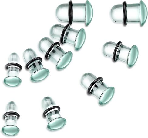 طقم قياس الأذن الزجاجي 14 قطعة/10 قطع مع حلقات مطاطية، سدادات مضيئة واحدة 14G-00G لمقاييس الأذن، مجوهرات ثقب الجسم المتوسعة الناعمة غير المسببة للحساسية للارتداء اليومي in Kuwait