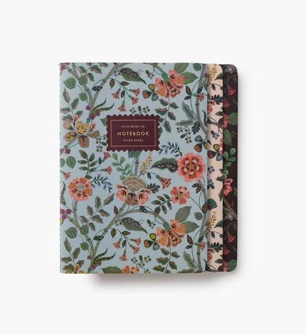 شركة RIFLE PAPER CO. مجموعة دفاتر ملاحظات Gemma المُخيطة، مقاس 8.5 بوصة طول × 6 بوصة عرض، مجموعة مكونة من 3 و64 صفحة مسطرة بحبر ذهبي، وغطاء قماش كامل الألوان مقطوع بالقالب مع ورق نص داخلي أبيض in Kuwait