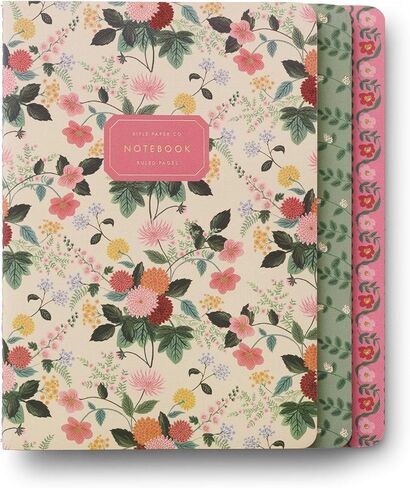 شركة RIFLE PAPER CO. مجموعة دفاتر ملاحظات Gemma المُخيطة، مقاس 8.5 بوصة طول × 6 بوصة عرض، مجموعة مكونة من 3 و64 صفحة مسطرة بحبر ذهبي، وغطاء قماش كامل الألوان مقطوع بالقالب مع ورق نص داخلي أبيض in Kuwait
