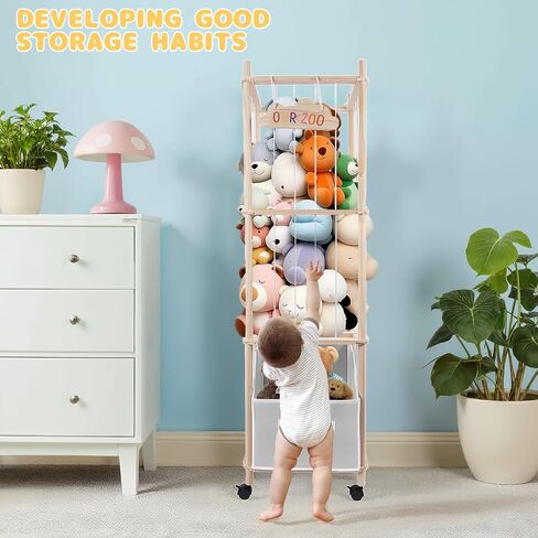 وحدة تخزين الحيوانات المحشوة، منظم ألعاب قطيفة كبير جدًا مقاس 56 بوصة مع عجلات، حامل خشبي للحيوانات المحشوة مع صندوق قابل للإزالة، تخزين قطيفة حديقة الحيوان لغرفة النوم/غرفة اللعب/غرفة المعيشة in Kuwait