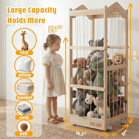 تخزين الحيوانات المحشوة - منظم حيوانات محشو خشبي بعجلات، حديقة حيوان كبيرة جدًا لتخزين الحيوانات، قفص برج تخزين بلاشيز لديكور غرفة الأطفال الصغار (16 × 17 × 48 بوصة) in Kuwait