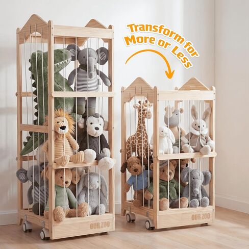 تخزين الحيوانات المحشوة - منظم حيوانات محشو خشبي بعجلات، حديقة حيوان كبيرة جدًا لتخزين الحيوانات، قفص برج تخزين بلاشيز لديكور غرفة الأطفال الصغار (16 × 17 × 48 بوصة) in Kuwait