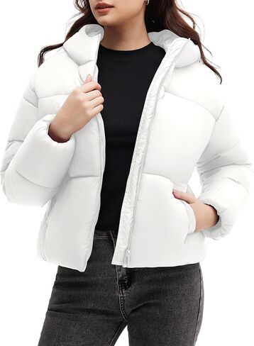 Polu Womens Cropped Puffer Jackets with Removable Hood Lightweight Winter Zip Up Padded Quilted Coat in Saudi Arabia