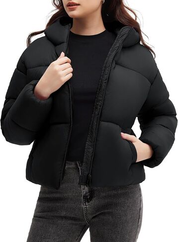 Polu Womens Cropped Puffer Jackets with Removable Hood Lightweight Winter Zip Up Padded Quilted Coat in Saudi Arabia